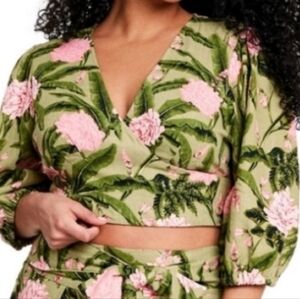 Agua Bendita x Target Peony Flowers Woman Size M Green Tie Top Blush Linen Blend